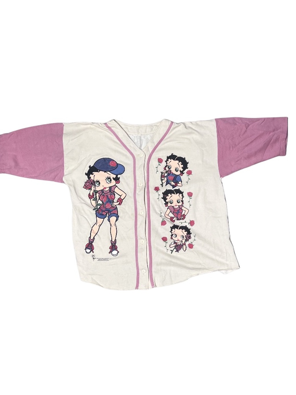 Vintage 1995 Betty Boop Graphic White Pink Baseball Jersey Button-Up Shirt Sz XL
